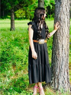 Black Tiered Midi Dress with Ruffle Sleeves